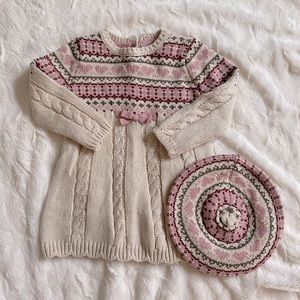 Girls Cream and Pink Knit Dress with Matching Beret